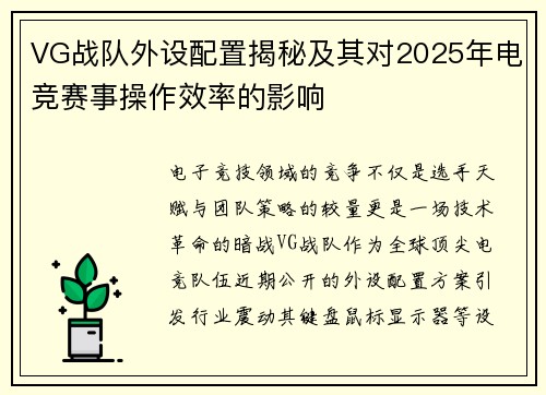 VG战队外设配置揭秘及其对2025年电竞赛事操作效率的影响